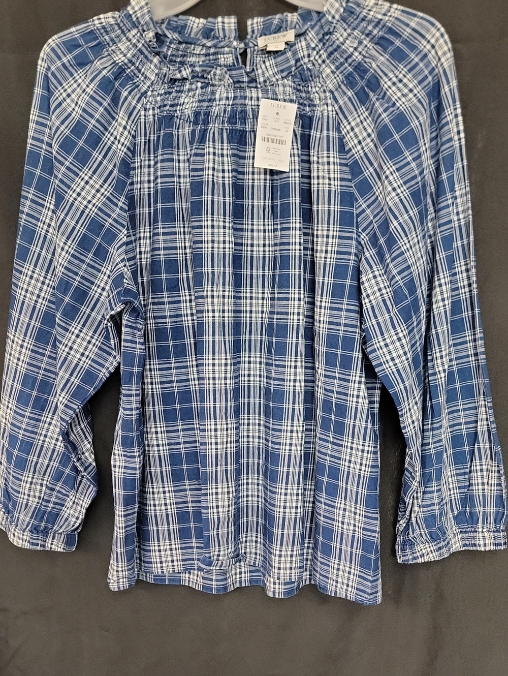 J. Crew Girls' Blue and White Plaid Smocked-Neck Blouse